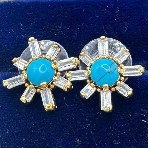 925 sterling silver gold plated clear cubic zirconia baguette turquoise earrings - Picture 3 of 8